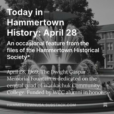 A black and white photo of the Gaspar Memorial Fountain at Waukachuk Community College, as seen in the Hammertown Substack at Hammertown USA dot Substack dot com.