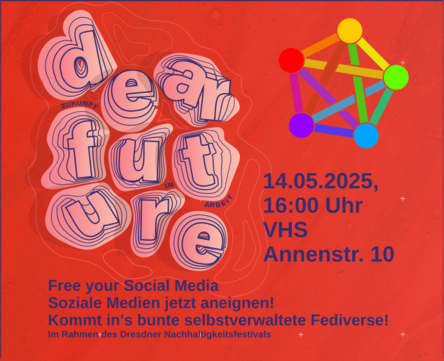 Bild mit Schriftzug und Hintergrund. Inhalt:
Free your Social Media/ Soziale Medien jetzt aneignen!
Kommt in's bunte selbstverwaltete Fediverse!