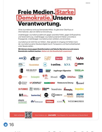 Annonce “Freie Medien. Starke Demokratie. Unsere Verantwortung” mit ca. 50 Logos von Medien.