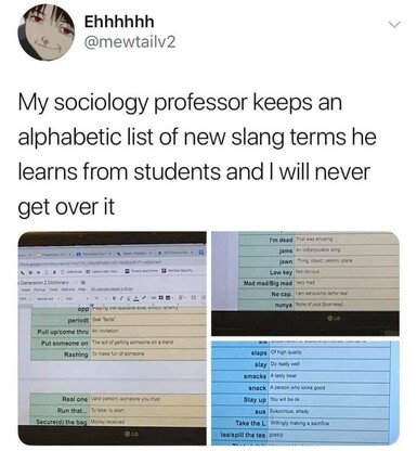 My sociology professor keeps an alphabetic list of new slang terms he learns from students and I will never get over it.

A Twitter post by @mewtailv2 features a message stating that their sociology professor maintains an alphabetic list of new slang terms learned from students. Below the tweet, there are screenshots of two computer screens displaying the list. The list includes:

- I'm dead: That was amusing
- Jams: An old enjoyable song
- Jawn: Thing, object, person, place
- Low key: Not obvious
- Mad mad/Big mad: Very mad
- No cap: I am serious/no lie/for real
- Nunya: None of your [business]

Another part of the list includes:

- Opp: Playing the opposite side; (arch) enemy
- Periodt: See "facts"
- Pull up/come thru: An invitation
- Put someone on: The act of getting someone on a trend
- Rashing: To make fun of someone
- Real one: Valid person--someone you trust
- Run that...: To take, to start
- Secure(d) the bag: Money received

The third section on a blue background includes:

- Slaps: Of high quality
- Slay: Do really well
- Smacks: A tasty treat
- Snack: A person who looks good
- Stay up: You will be ok
- Sus: Suspicious, shady
- Take the L: Willingly making a sacrifice
- Tea/spill the tea: Gossip