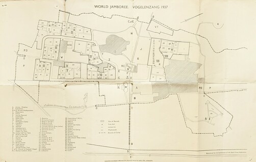 An unfolded yellowing old paper map printed in black ink titled "World Jamboree - Vogelenzang 1937" showing the layout of the camp.  A key in the bottom left corner indicates where various facilities and each country's Scouts were located.