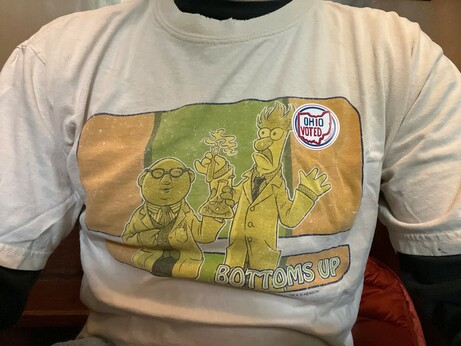 An “I voted” sticker on a Beaker and Dr Bunsen Honeydew t-shirt