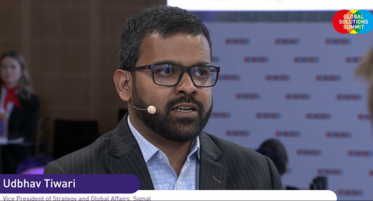 Ubdhaw Tiwari speaking at Global Solutions Summit. Screenshot of the livestream