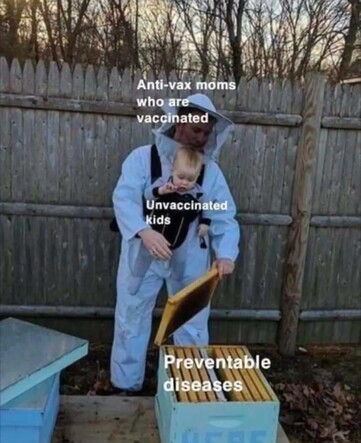 An adult in full bee protective gear holding an infant in absolutely no protective gear opening a bee hive box. 

The adult is labeled: anti-vax moms who are vaccinated 

The infant is labeled: unvaccinated kids 

The bee hive is labeled: preventable diseases
