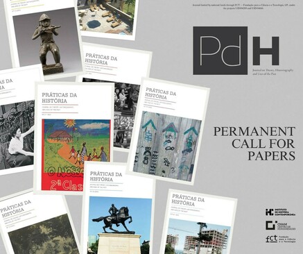Illustrative image of the permanent call for papers of Práticas da História. It consists mostly of a photo collage of covers of the latest issues of the journal.