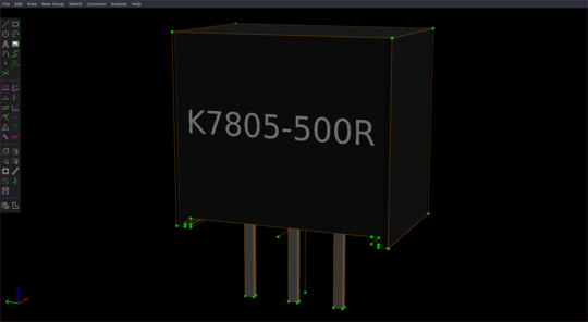 A 3d model of a K7805-500R, created in solvespace. It is a black  block with 3 pins and the text K7805-500R on it. (It is kind of a drop in replacement of the 7805, but with a fully integrated buck converter instead of a lineair regulator)