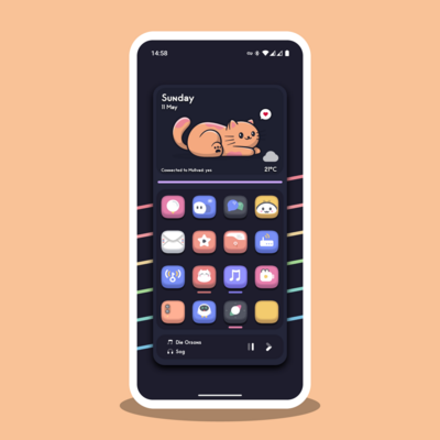 a screenshot of my homescreen. color palette is catppuccin, there is also a cat which sends a heart to you as an cartoony image as part of the homescreen setup. the app icons are cartoony and colorful.