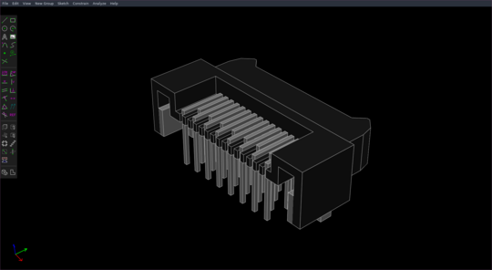 A 3d model of a TX24-30R connector. It is a black plastic connector, and it has modelled how all the pins fold into the connector and a bunch of other details.