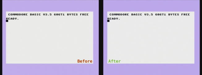 Commodore 16 boot screen comparison. The before shot shows some checkerboarding and jailbars in the border. The after shot still has some, but much less pronounced.