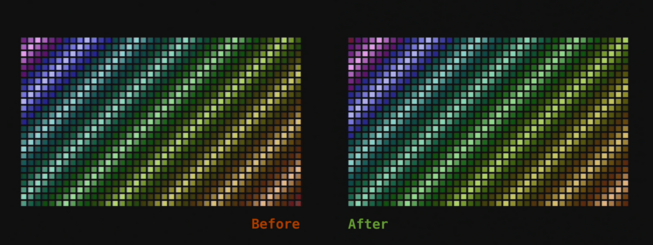 Diag264 cartridge color bars comparison. There are checkerboarding and jailbars visible on most colors on the "before" image, on the "after" image both are significantly reduced.