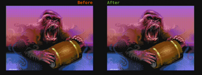 Test picture, an angry gorilla holding a wooden barrel, presumably full with moonshine. Artwork by Carrion / Censor Design. There is checkerboarding and heavy jailbars visible on most colors on the "before" image, on the "after" image both are significantly reduced.