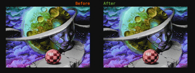 Test picture, a future/fantasy scene, a planet that has a human face embedded in space cloud with stone paths hanging in space surrounding it. In the foreground there's a ball visible that resembles an Amiga boing ball. Artwork by Carrion / Censor Design. There is checkerboarding and heavy jailbars visible on most colors on the "before" image, on the "after" image both are significantly reduced.