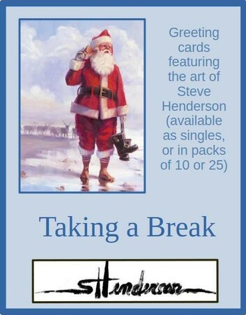 Greeting card of an original oil painting depicting Santa Claus standing on the beach, listening to a shell.