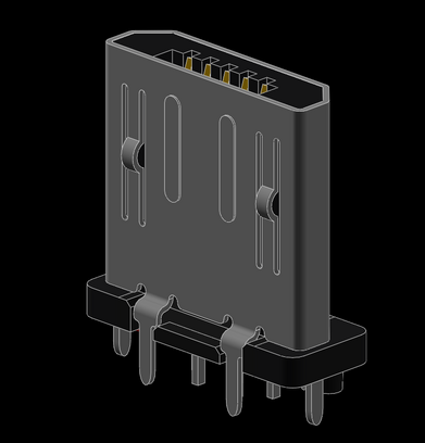 A 3D model of a male micro USB-B connector. The connector is PCB mount and sticks up vertically from the PCB (part number USB3150).