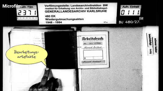 Microfilm scan of an archival document. As the format of the microfilm scanner and the document size differ, you can see the hand of the archivist trying to push down the document so that it can be scanned...