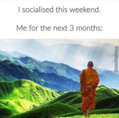 Text:
"| socialised this weekend.
Me for the next 3 months:"

Picture:  A Buddhist monk, looking away from the viewer and into a series of deep green valleys with mountains in the background.