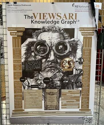 Poster of the ISWS 2024 summer school. The image is of a poster affixed to a fence, highlighting topics related to scientific research. The poster discusses the "VIEWSARI Knowledge Graph 1.0" and references Giorgio Vasari's perspectives on his new renaissance in art and science. There seems to be a focus on ontology mapping within this context as well as recognition of works related to different figures or concepts such as Panoisky's theories or methodologies (referred to as lemeks). The overall theme suggests an evolution or advancement in understanding scientific knowledge through a graphical representation, emphasizing both historical and contemporary insights into various works recognized within this field.
