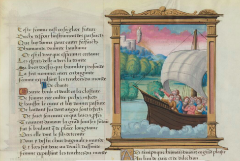 Détail du haut d'une page. A gauche, une colonne de texte avec au centre de la colonne, un intertitre souligné par un élément bleu (il est écrit : "De charité"
À droite, un cadre occupe l'espace supérieur de la deuxième colonne. On y voit un bateau chargé de personnages, la voile blanche gonflée par le vent. Les personnages sont tournés ou tendent les bras vers la gauche, en haut, où on voit apparaître un autre personnage flottant dans le ciel : la Vierge. A l'arrière, un paysage verdoyant, une colline en haut de laquelle des tours d'un château. Le ciel est violet.