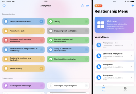 Split-screen view of the 'Relationship Menu' app on an iPad. The left side shows a detailed communication menu with color-coded relationship preferences like 'Texting' (green), 'Discussing family, partners, relationships' (red), and 'Nonviolent Communication' (green). The right side shows the main menu listing saved relationship menus, including one labeled 'Anonymous' marked as open.