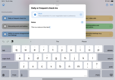Screenshot of the 'Relationship Menu' app on an iPad. The main focus is on a modal dialog titled 'Daily or frequent check ins' with a blue 'Must' priority indicator stating 'This is essential; it's a non-negotiable need or preference.' Below is a Notes section with editable text that reads 'This is a note on this item.' The background shows other communication preference items including 'Discussing work and hobbies,' 'Ability to express disagreement without hurt feelings,' and partially visible items about phone/video calls, politics discussion, and relationship meetings. An iOS keyboard is visible at the bottom of the screen.