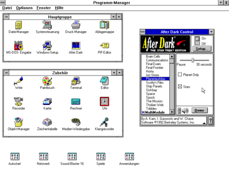 After Dark - The Star Trek Edition, Screen Saver for Windows 3.x.
A Screenshot from Windows for Workgroups 3.11.