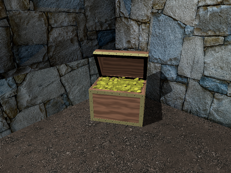 A wooden chest with brass details is filled to the brim with gold coins. It sits on a dirt floor in the corner of a stone-walled chamber.