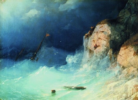 a surging sea is crashing against a rocky cliff under a stormy sky.  There are several meters of masts and rigging and a flag still visible above the water from a ship which has wrecked and sunk.  On the rocks are several persons hanging on and climbing, gathering on a ledge among the rocks.  there are a few birds wheeling above the surf