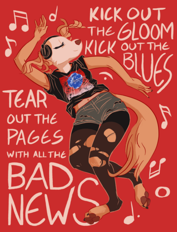 A painting of an anthro borzoi in a dancing pose, enjoying music from her headphones. She's wearing ripped tights, shorts, and a shirt with the album art from The Cure's album "Wish". She's surround by lyrics from their song "Doing The Unstuck", which read: "Kick out the gloom, kick out the blues, tear out the pages with all the bad news".