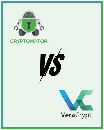 Visual comparison of two encryption tools: Cryptomator, represented by its green robot mascot with a shield and keyhole, and VeraCrypt, shown with its geometric blue-green VC logo. The bold “VS” in the center signals a direct comparison, referring to a detailed analysis between the two solutions.