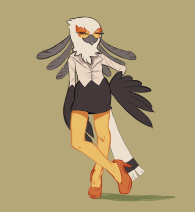 A painting of an anthro secretary bird in office wear, a wing on her hip. She exudes confidence.