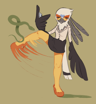 A painting of an anthro secretary bird high-kicking a snake away. She looks irritated, holding a phone up to her face.