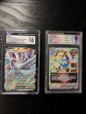 The picture shows two graded Pokémon cards encased in protective slabs.

The card on the left is graded as a 10, and the card on the right is graded as a 9.

Both cards is of Lugia and is holographic.