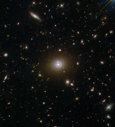 A field full of distant galaxies on a dark background. Most of the galaxies are very small, but there are a few larger galaxies and some stars where detail is visible. In the very center is an elliptical galaxy with a brightly glowing core and a broad disk. A reddish, warped, ring of light, thicker at one side, surrounds its core. A small galaxy intersects the ring as a bright dot.