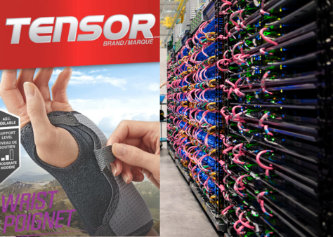 A split image. The left half is a Tensor brand wrist brace and the right half is a stock photo of server racks representing Google Tensor processing unit cpus.
