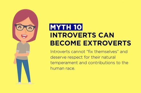 MYTH 10

INTROVERTS CAN BECOME EXTROVERTS

Introverts cannot “fix themselves” and deserve respect for their natural temperament and contributions to the human race.