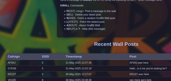 A screenshot from the APRS Graffiti Wall at radiorabbit.ca, showing a message that I posted.
