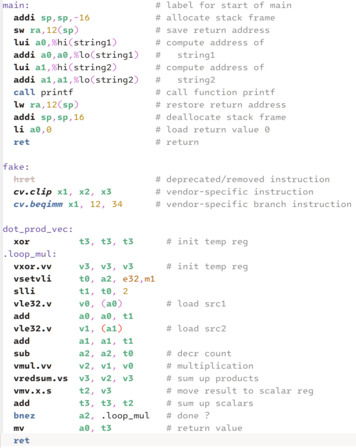Sample RISC-V assembly code in KDE Kate editor, using customized light syntax highlighting color theme