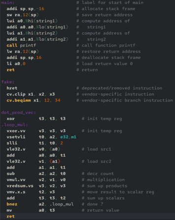 Sample RISC-V assembly code in KDE Kate editor, using default dark syntax highlighting color theme