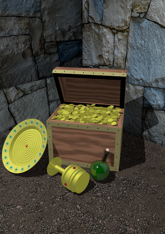 A ray traced scene of the corner of a dungeon chamber, featuring a chest full of gold coins. Leaning against the chest are a gold plate adorned with a ruby and emeralds, and a bottle containing a green potion. A golden goblet inset with rubies lies on the floor in front of the chest.