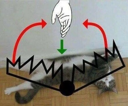Photo of a cat laying on its back with its legs sticking out and inviting belly wide open. The drawing of a bear trap closing on a hand is superimposed over the kitty. The danger is real (some times anyway)... Which is why I clip those nails regularly.