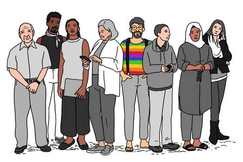 Cartoon people of different ethnicities, women, LGBTQ...