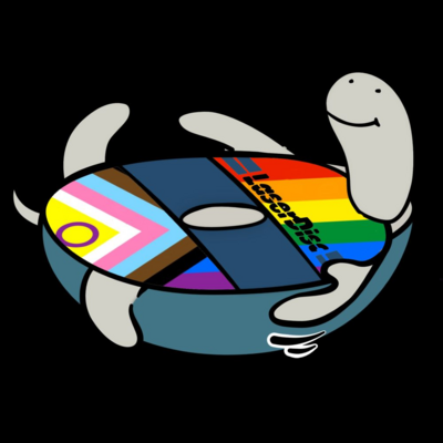 Flippy the LaserDisc Turtle edited in photoshop so it's disk chine is the progress pride flag instead.