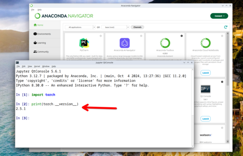 Sprawdzanie wersji biblioteki torch w Jupyter QTConcole.