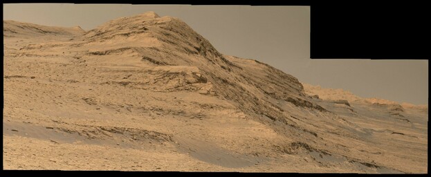 An ochre toned mosaic capturing the cliffs, buttes and yardangs south of the rover, looking up the slopes of Aeolis Mons. Captured at around 1 pm local time.