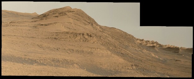 An ochre toned mosaic capturing the cliffs, buttes and yardangs south of the rover, looking up the slopes of Aeolis Mons. Captured at around 6 pm local time.