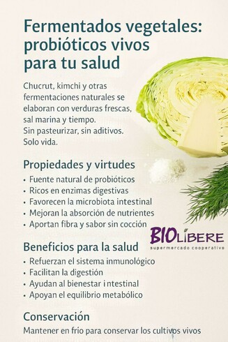 La imagen muestra un texto informativo sobre vegetales fermentados, como el chucrut y el kimchi. Describe sus propiedades, incluyendo que son una fuente natural de probióticos, ricos en enzimas digestivas y que mejoran la absorción de nutrientes. También menciona sus beneficios para la salud: fortalecen el sistema inmunológico, facilitan la digestión y apoyan el equilibrio metabólico. Finalmente, indica que deben mantenerse en frío para conservar los cultivos vivos. Se incluye el logo de "Biolibere, supermercado cooperativo".