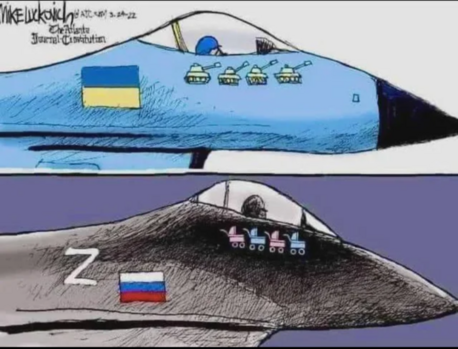 The image is split up into 2. The top image shows a Ukrainian jet fighter with pictures of tanks on it marking its kills. The bottom shows a russian jet fighter with pictures of prams on it representing the russians kills.