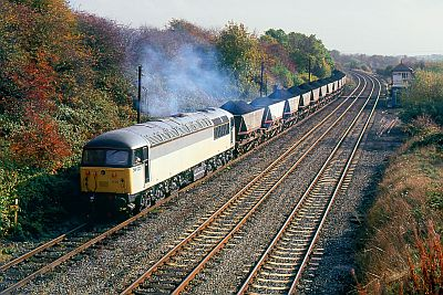 BR Class 56 loco 56025 brings a loaded MGR out of Rawdon Colliery on 23 October 1989. The train is just approaching Moira West Junction, on the Leicester to Burton upon Trent line. Rawdon Colliery closed less than two years after this picture was taken. Credit Martin Loader’s Railway Photography.