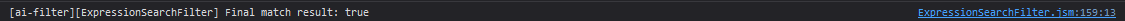 Another dark-themed developer console log entry from [ai-filter][ExpressionSearchFilter] with the message: Final match result: true. The file source is shown as ExpressionSearchFilter.jsm:159:13.