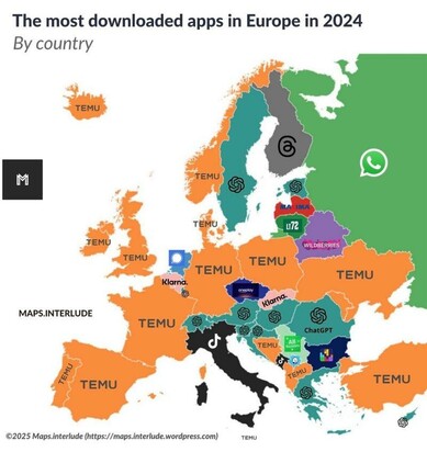 We can see a 2024 map of Europe with the more downloaded app by country. A large majorioty of countries have Temu or ChatGPT, except three nice cases : Netherland has Signal the secure chat app, Russia has WhatsApp and not Telegram ... and Bulgaria has Tetris